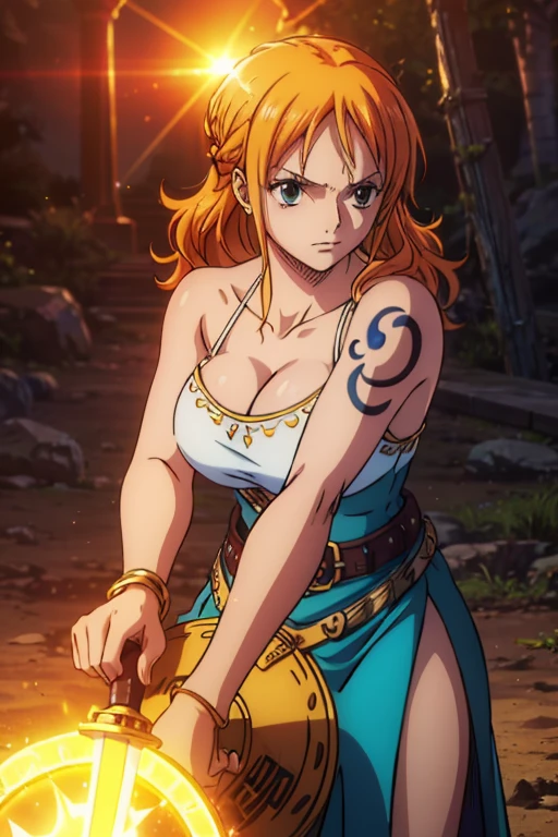  (Best Quality, 4K, 8k,  High Resolution , masterpiece:1.2), Super detailed, (Realistic, photoRealistic, photo-Realistic:1.37),  Preserving Anime Style ,Nami from One Piece, pale orange hair ,Left shoulder tattoo,Large Breasts, Female warrior,(Valkyrie),Knight Armor,(Magic Sword),(The world where the light source shines ), She is a mysterious knight composed of Greek mythology and can use the strongest swordplay praised by spirits,Ride a horse,crystal crystal