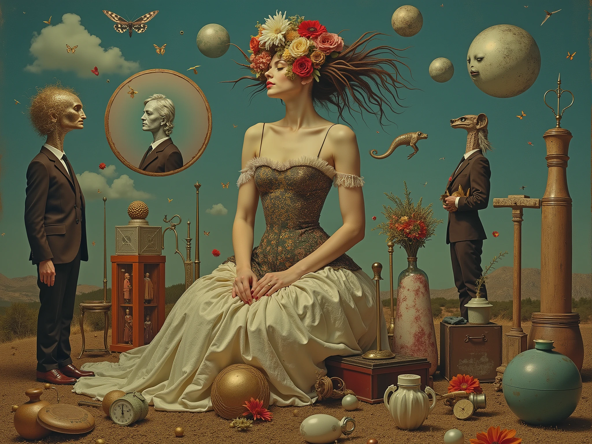 full body,a sculpture of a woman surrounded by assorted objects, inspired by Salvador Dali, the album is called Tripmachine, music, memory trapped in Eternal Time, Annie Liebowitz, face of mad Pulcinella, [[fantasy]], Sandra Chevrier and John Hoyland, album, father time, ( ( ( surrealism ) ) ), profile pic, instrument. epic realism, atmospheric impressionism, film dramatic realism, pre-raphaelite realism, low tone photography, hard focus realism 