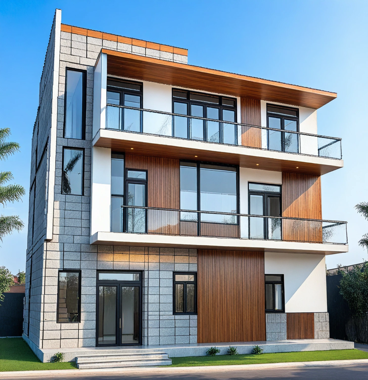 Modern modern house, stone wall, wood paneling, wood ceiling, lots of trees, warm interior lighting, lots of trees outside, street front, cars, daytime, sunny, blue sky RAW photo, (high detailed skin:1.2), 8k UHD, DSLR, soft lighting, high quality, film grain, Fujifilm XT3 extremely detailed, best quality, masterpiece, high resolution, Photorealism, Hyperrealistic, Realistic, 8K,corona render, octane render, 3ds max.