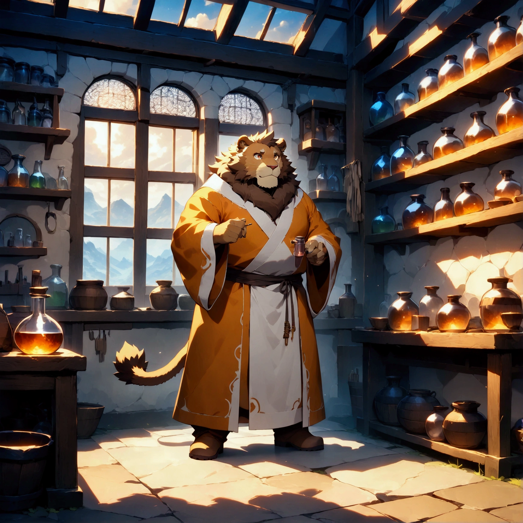 character focus, full body, looking away, dynamic angle, alchemist, a plump middle-aged lion man, little smile, alchemy robe, standing, (shaking a test tube), elegant pose, BREAK complete anatomy, perfect proportions, beautiful thigh gap, fluffy body, intricate fur details, beautiful fur texture, BREAK detailed elegant lion tail, detailed boots, beautiful foot, detailed hands, 5fingers, 5fingers nails, BREAK aesthetic anime face, insanity detailed face, male face, big face, square jawline, aesthetic anime eyes, detailed brown eyes, detailed brown cornea, detailed dark brown irises, detailed pupils, male eyes, big eyes, male eyebrows, innocent look, beautiful beard, BREAK full body in Michelangelo Buonarroti style, digital illustration anime, housamo style, detailed painting landscape, afternoon, alchemy shop, indoor, full color, HDR, BREAK masterpiece, official art, best quality, very aesthetic, absurdres, super fine illustration, great quality, BREAK noise reduction, very highres, large filesize, high quality, 32K, 8k wallpaper, dynamic lighting, BREAK insanity detailed, ultra detailed, intricate details, extremely detailed, detailed texture, an extremely delicate and beautiful, BREAK osukemo, e621 illustration, Fur Affinity illustration, kemohomo, anthropomorphic, furry, cartoon, harmonic body, pastoral face, virtuous eyes, epic atmosphere