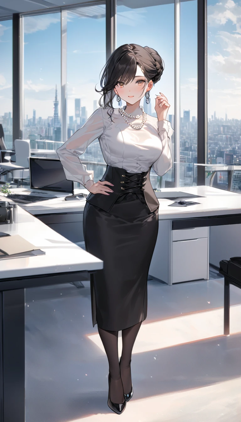 "office lady standing with full authority and unmatched beauty to be bent to her will, 3, height 163cm, business chic , victorian blouse, slender 63cm waist, full 93cm hips, shapely legs, clear fair skin (RGB: 255, 233, 209), oval face with soft features, almond-shaped eyes (dark brown, RGB: 54, 38, 22) with double eyelids, straight nose, full lips with natural pink color (RGB: 222, 165, 1) in a professional smile, long black hair styled in an elegant French twist updo, subtle makeup suitable for office with focus on eyes and neutral lip color, wearing a crisp white vivtorian blouse and a victorin waist corset, form-fitting dark gray victorian long lenght maxi skirt accentuating hips, louboutin high heel pumps and black sheer shiny 20 den pantyhose on delicate delicate pearl necklace and earrings, standing confidently with one hand on hip in a modern office setting with floor-to-ceiling windows, full body, from behind, Tokyo skyline view in background, soft natural lighting mixed with office fluorescents, corporate portrait style with a touch of glamour, shot with Sony A1 mirrorless camera, 85mm f/1.4 GM lens, ISO 200, 1/160 sec, 50MP resolution, focus on professional appearance with subtle emphasis on curves --ar 2:3 --q 2 --s 850 --v 6.0 --style raw"