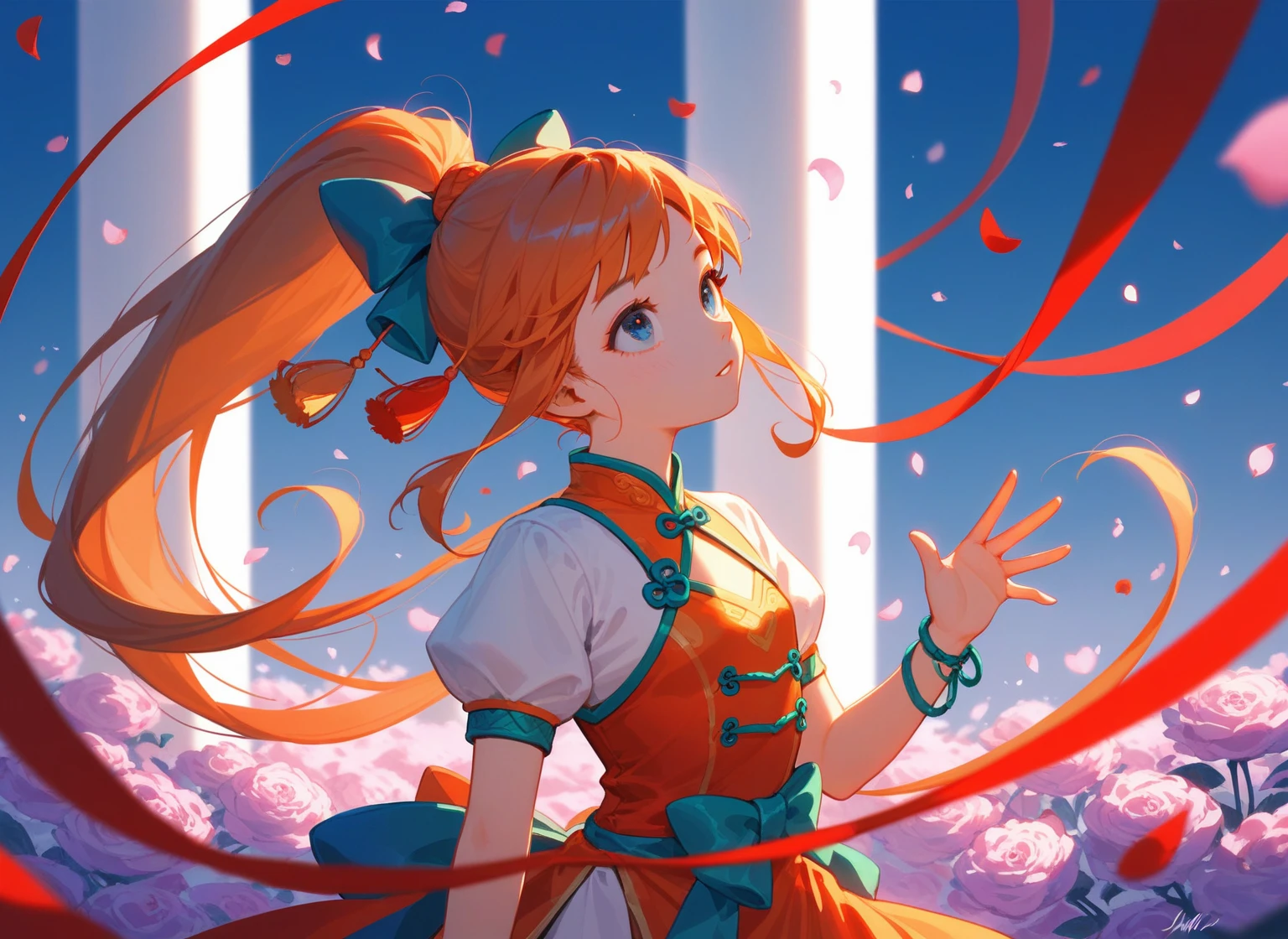  1 young girl ，lol， orange red super long high ponytail， Ultra Curly Perm ， blue eyes，look up， Bow on Head ， Chinese dance style costume，Flowers，Movie Lighting，Pillar ，Ribbon，tassel， light and shadow gradient ，Waltz ，Solo dance ，dynamic， raise one hand ，Turn around，petal