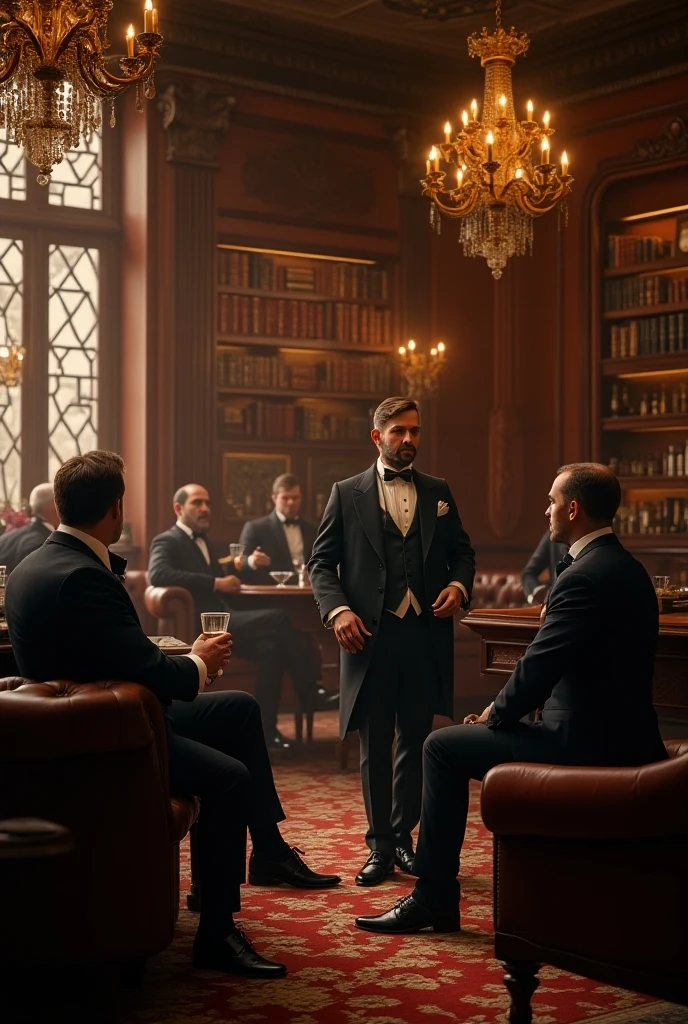 grand master，tmasterpiece，8k wallpaper，CG，Ultra-high image quality，light and shadow effect （A 50-year-old middle-aged man with short black hair and a 55-year-old middle-aged man with short brown hair and a silver Tang suit stood side by side：1.8） （two guys：1.9） （Upper body background display：1.6）dining room