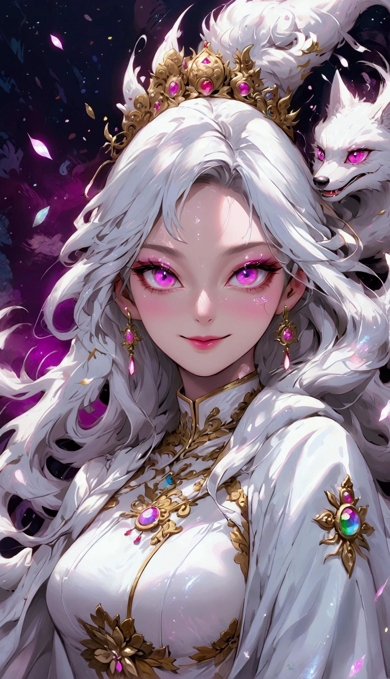 Tall guy, long white hair, fox ears, purple eyes, open kimono, open chest, chains, smile, masterpiece, high quality