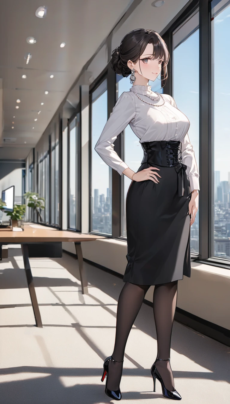 "office lady standing with full authority and unmatched beauty to be bent to her will, 3, height 163cm, business chic , victorian blouse, slender 63cm waist, full 93cm hips, shapely legs, clear fair skin (RGB: 255, 233, 209), oval face with soft features, almond-shaped eyes (dark brown, RGB: 54, 38, 22) with double eyelids, straight nose, full lips with natural pink color (RGB: 222, 165, 1) in a professional smile, long black hair styled in an elegant French twist updo, subtle makeup suitable for office with focus on eyes and neutral lip color, wearing a crisp white vivtorian blouse and a victorin waist corset, form-fitting dark gray victorian long lenght maxi skirt accentuating hips, louboutin high heel pumps and black sheer shiny 20 den pantyhose on delicate delicate pearl necklace and earrings, standing confidently with one hand on hip in a modern office setting with floor-to-ceiling windows, full body, from side, Tokyo skyline view in background, soft natural lighting mixed with office fluorescents, corporate portrait style with a touch of glamour, shot with Sony A1 mirrorless camera, 85mm f/1.4 GM lens, ISO 200, 1/160 sec, 50MP resolution, focus on professional appearance with subtle emphasis on curves --ar 2:3 --q 2 --s 850 --v 6.0 --style raw"