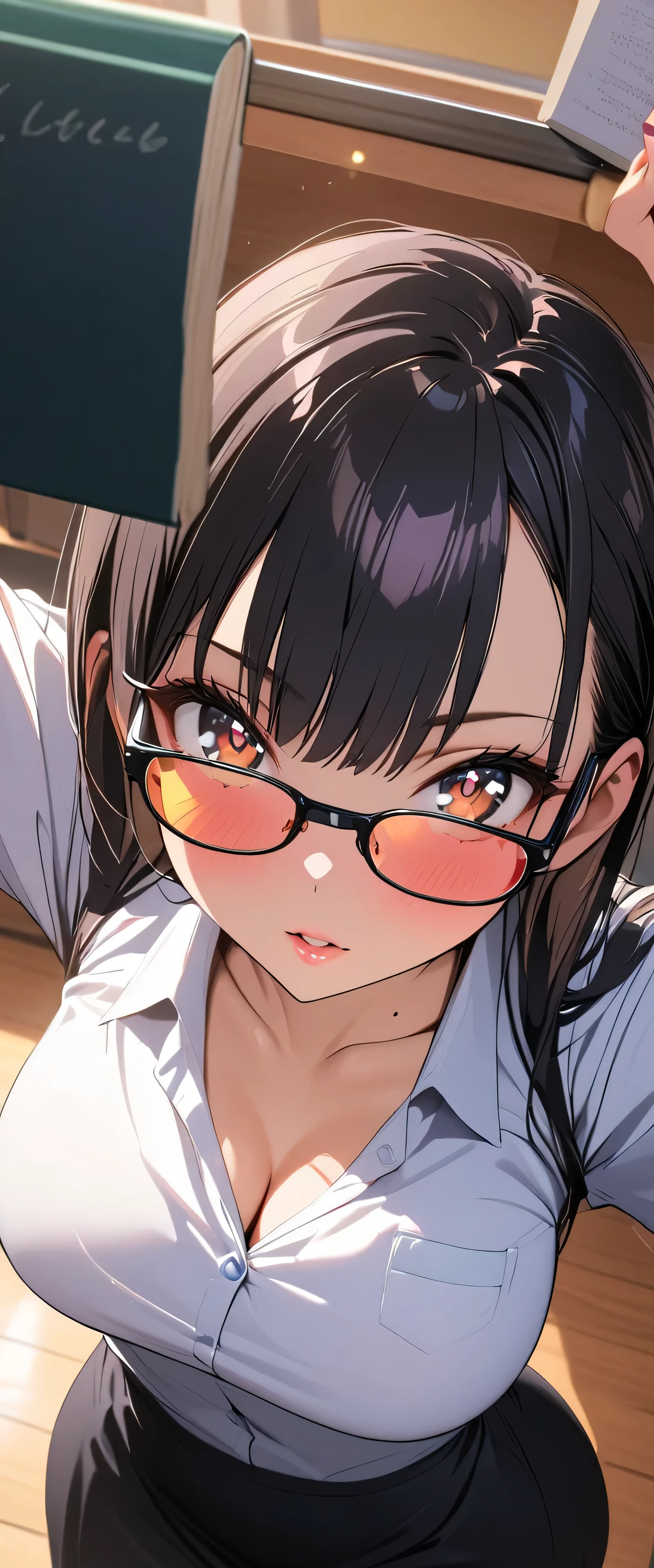 (beautiful girl: 1.3),masterpiece,Ultra-high resolution, rich contrasts,Very high quality,8k,very detailed CG unit wallpaper,Texture,So ridiculous,RAW Photos,Highest quality anime,Depth of written boundary,ultra-detailed eyes,Glowing Skin,Glitter Effect,Beautiful glossy lips,Yamada Anna,dark blue hair,brown eyes,(Sharp Bob,Bangs),sidelocks,mole on neck,School teacher,classroom,blackboard,((stearful)),textbook,黒secretary, suits, black tight skirt ,Huge Ass,1girl,,(overhead shot:2.0),adjusting swirl eyewear