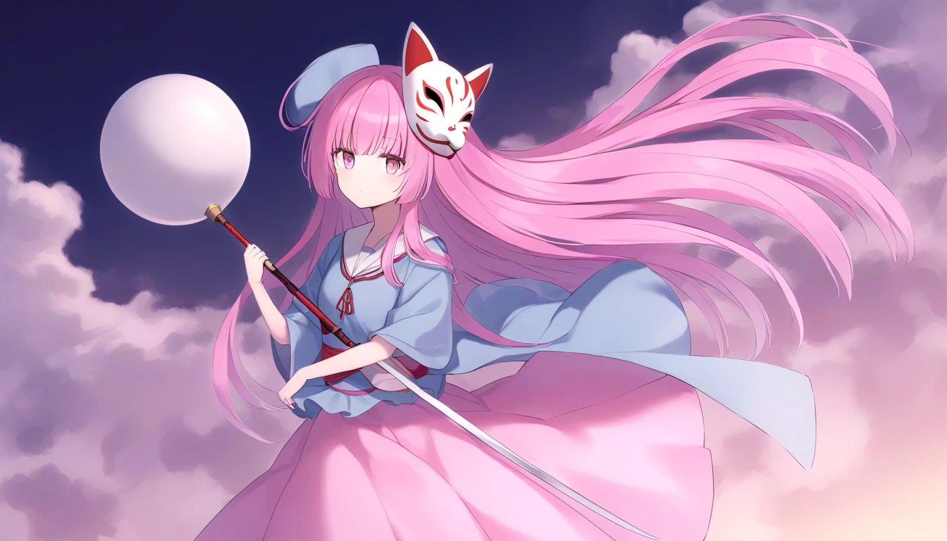 Hata Kokoro　 very long pink hair with a naginata 、　 pink eyes 　Turquoise clothing、 big round bulging pink skirt seen from top right　girl、Carrying a light blue naginata、Expressionless、 holding a naginata with a fox mask on the right side of the head　Nothing grows on my head 　右上から見る