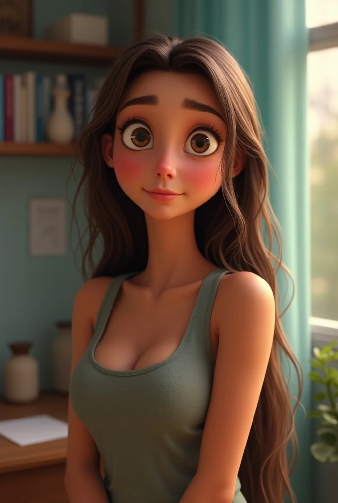 An 18-year-old woman, with long brown hair, round face, charming smile, and brown eyes, wearing a cute black bra