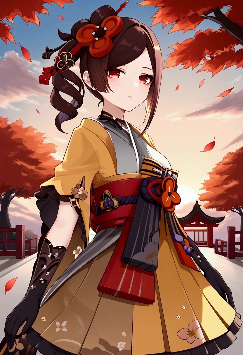 chiori, brown hair, hair ornament, red eyes, flower, hair flower, gloves, japanese clothes, sash, obi, stand, Falling leaves, sky, cloud, Beautiful view, good atmosphere, looking at viewer,