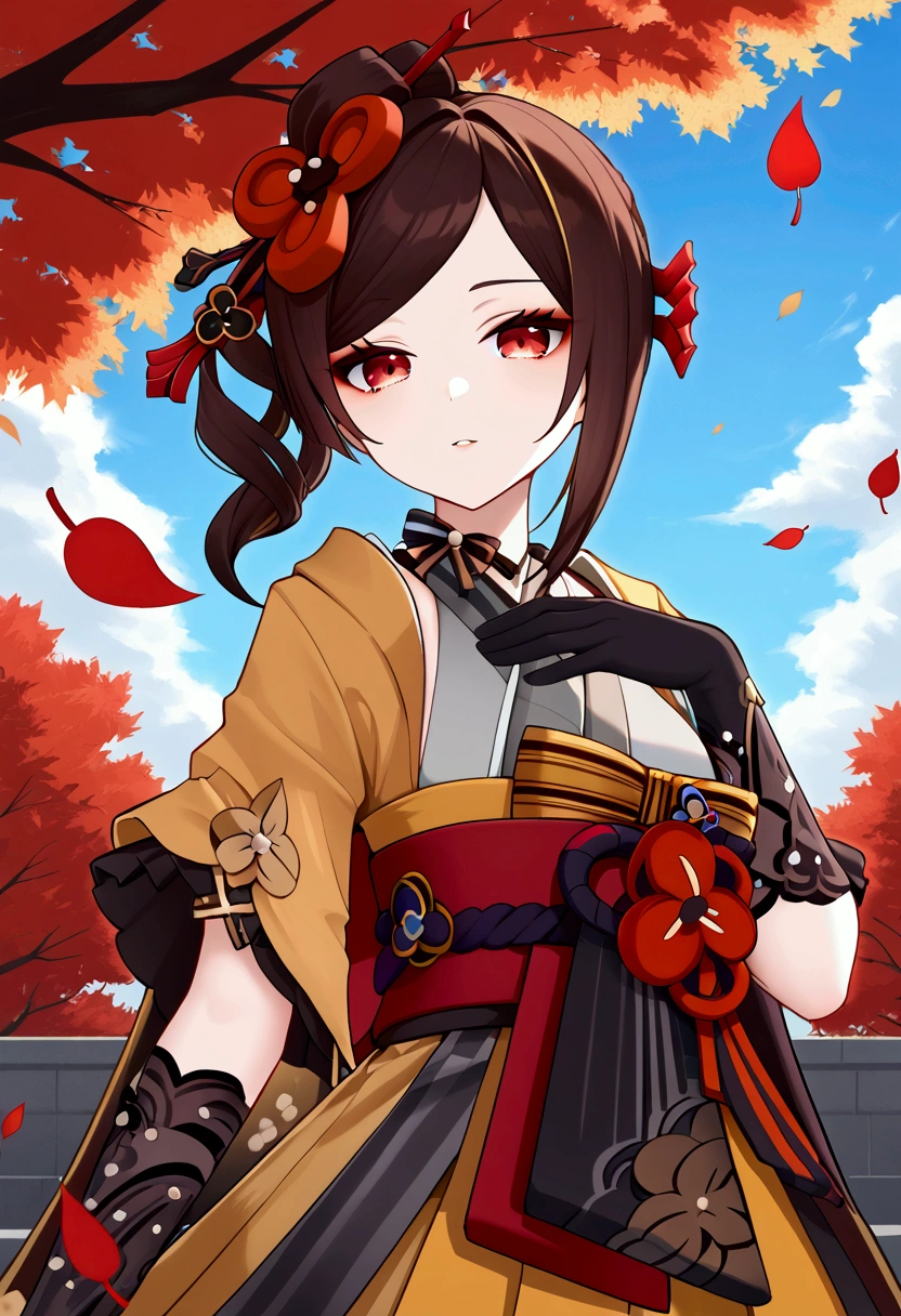 chiori, brown hair, hair ornament, red eyes, flower, hair flower, gloves, japanese clothes, sash, obi, stand, Falling leaves, sky, cloud, Beautiful view, good atmosphere, looking at viewer,