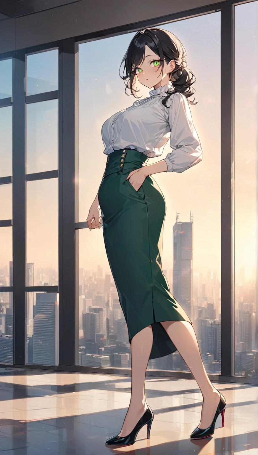 "office lady standing, full body, from side, height 163cm, business chic, victorian blouse, slender 63cm waist, full 93cm hips, shapely legs, clear fair skin (RGB: 255, 233, 209), oval face with soft features, almond-shaped eyes (light green) with double eyelids, straight nose, full lips with natural pink color (RGB: 222, 165, 1) in a professional smile, long black hair, subtle makeup suitable for office with focus on eyes and neutral lip color, wearing a crisp white victorian blouse and a victorin waist corset, dark gray victorian long lenght maxi skirt, long skirt without openings, 5inch louboutin high heels, in a modern office setting with floor-to-ceiling windows, Tokyo skyline view in background, soft natural lighting mixed with office fluorescents, corporate portrait style with a touch of glamour, focus on professional appearance --ar 2:3 --q 2 --s 850 --v 6.0 --style raw"