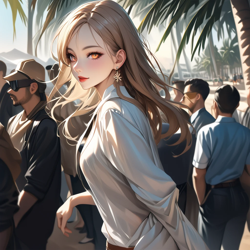 A beautiful young woman with detailed eyes, long eyelashes, and a sexy evocative smile stands on a beach, wearing a white shirt, pantyhose, and earrings. She has shiny skin, a slight blush, and skin indentation. The scene includes palm trees and a crowd in the background. The image is a realistic, high-quality masterpiece, with perfect facial features, sharp focus, and trending on ArtStation and CGSociety.