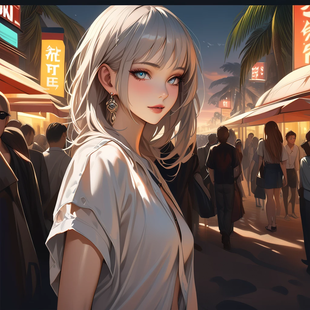 A beautiful young woman with detailed eyes, long eyelashes, and a sexy evocative smile stands on a beach, wearing a white shirt, pantyhose, and earrings. She has shiny skin, a slight blush, and skin indentation. The scene includes palm trees and a crowd in the background. The image is a realistic, high-quality masterpiece, with perfect facial features, sharp focus, and trending on ArtStation and CGSociety.