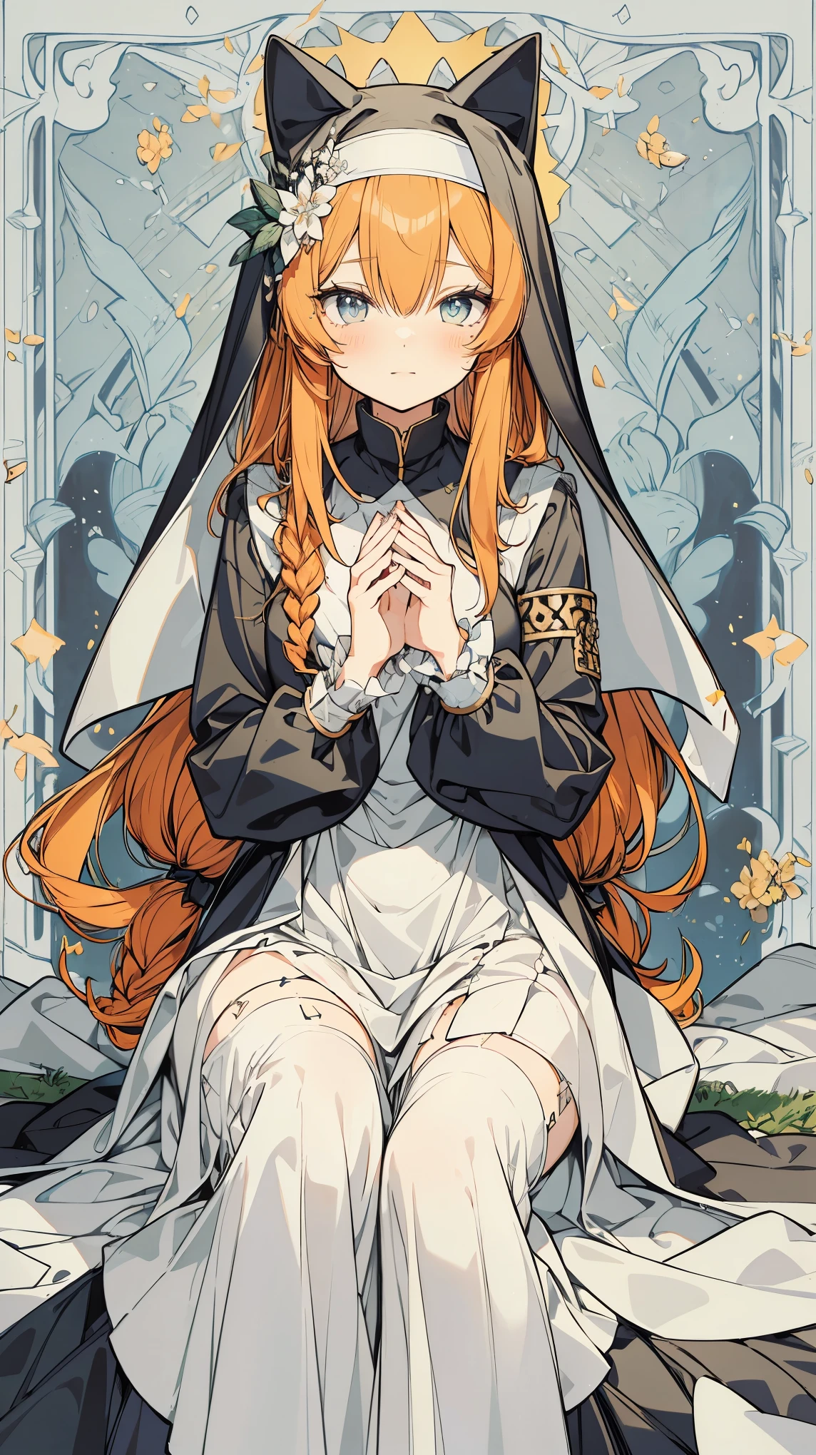 mari,nun,long skirt,orange hair,long hair,blush,(upper body),tarot card,masterpiece,Noise Reduction,perfect anatomy,high resolution, ultra-detailed,game cg,dutch angle ,beautiful detailed eyes,visualart,five fingers, perfect hands, perfect lighting,