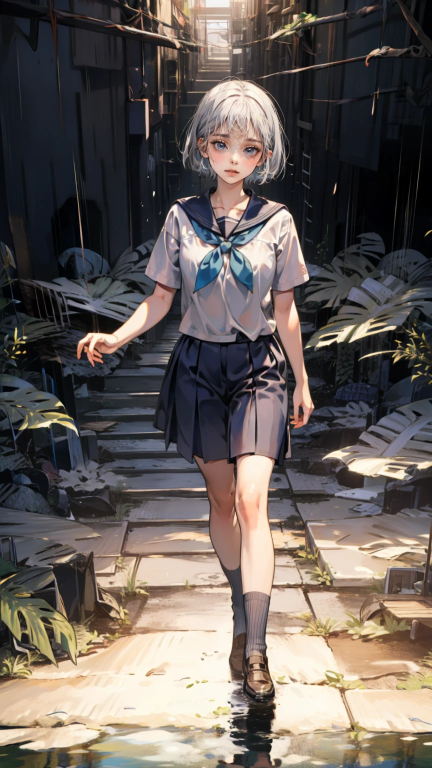 One Woman,The woman is looking down,(Silver Hair),short hair,Short Bob,Navy blue ribbon (blue eyes),cry,Teary-eyed, Light blue sailor suit,Navy blue collar,  Navy Blue Line  , Black socks,Up to the knees,  Black Loafers in the Rain,night,Star Masterpiece  , best quality,Exquisite,8k,  absurd,Ultra-detailed illustrations,( Viewers)