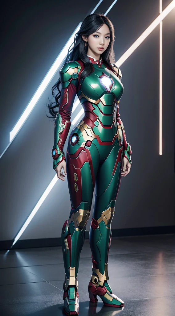 Full Body Photo. Standing in a full height. Studio Background. 8k HD good quality image. Hot Korean woman has an ideal body, big breast, big butt, sexy wavy body, straight long hair, wearing a Green Full Iron Man armor without the helmet. FULL BODY FROM HEAD TO TOE. Standing in a FULL HEIGHT FROM HEAD TO TOE. 

The picture must show a complete head to toe picture of the hot Korean