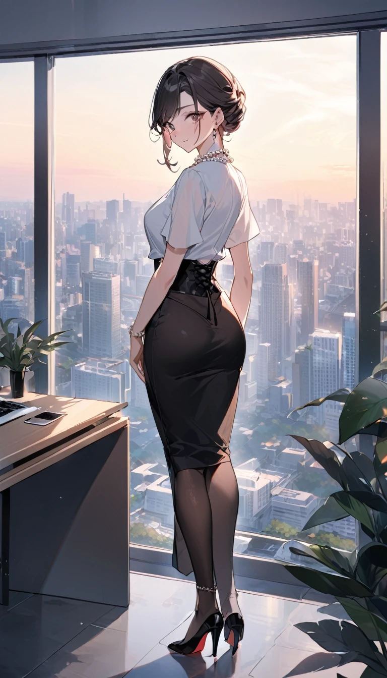 noelledef, braid, hair flower, rose, indoors, standing, looking away, facing away, looking out window, window, cityscape, skyscraper, long hair ,office lady ,pencil skirt ,ribbed sweater , skirt ,sleeveless ,sleeveless sweater , sweater , stockings ,turtleneck,turtleneck sweater