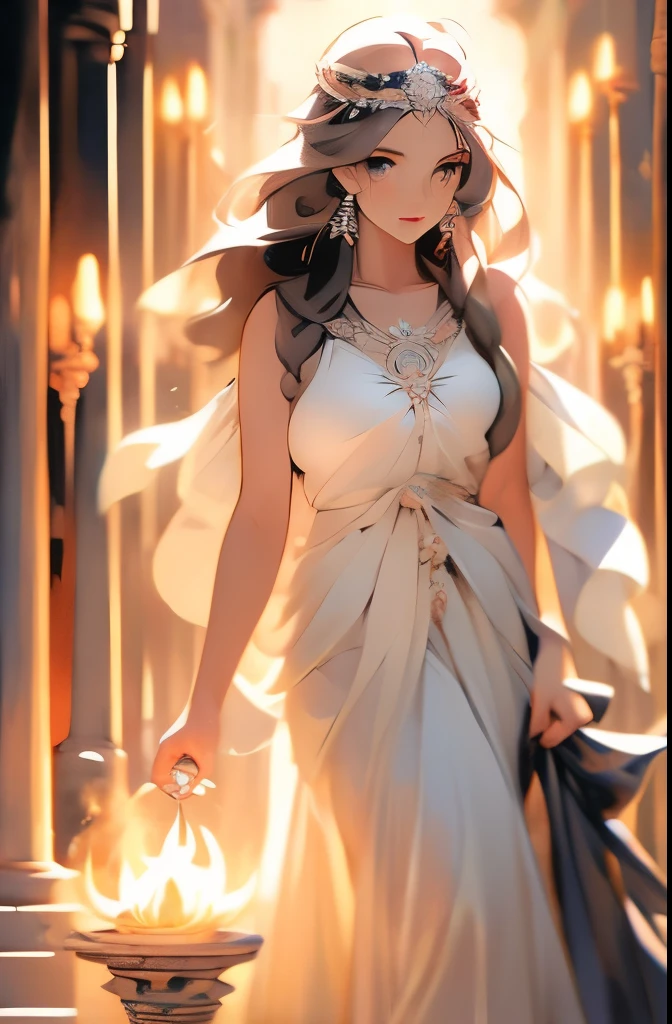 a painting of a woman with a black hair and a white dress, hecate goddess, hecate, goddess of greek mythology, the goddess hestia, gorgeous goddess of leo, persephone as goddess of death, goddess art, appears as the fire goddess, goddess of space and time, old greek goddess, ancient goddess, beautiful goddess, pagan goddess, priestess