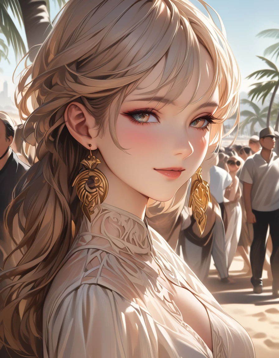 A beautiful young woman with detailed eyes, long eyelashes, and a sexy evocative smile stands on a beach, wearing a white shirt, pantyhose, and earrings. She has shiny skin, a slight blush, and skin indentation. The scene includes palm trees and a crowd in the background. The image is a realistic, high-quality masterpiece, with perfect facial features, sharp focus, and trending on ArtStation and CGSociety.