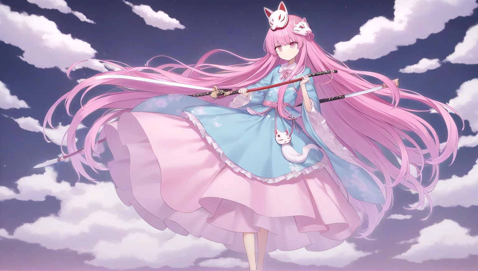 Hata Kokoro　 very long pink hair with a naginata 、　 pink eyes 　Turquoise clothing、” Very Big, Round, and Puffed” Pink Skirt　girl、Carrying a light blue naginata、Expressionless、 holding a naginata with a fox mask on the right side of the head　Nothing grows on my head 　View from top right 