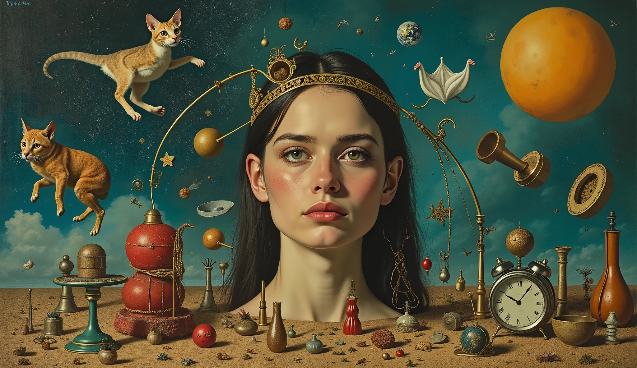 full body,a sculpture of a woman surrounded by assorted objects, inspired by Salvador Dali, the album is called Tripmachine, music, memory trapped in Eternal Time, Annie Liebowitz, face of mad Pulcinella, [[fantasy]], Sandra Chevrier and John Hoyland, album, father time, ( ( ( surrealism ) ) ), profile pic, instrument. epic realism, atmospheric impressionism, film dramatic realism, pre-raphaelite realism, low tone photography, hard focus realism 
