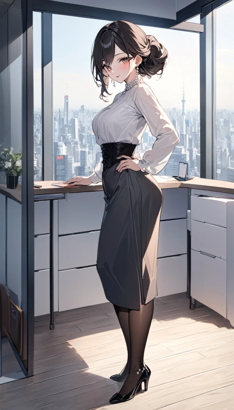 "office lady standing with full authority and unmatched beauty to be bent to her will, 3, height 163cm, business chic , victorian blouse, slender 63cm waist, full 93cm hips, shapely legs, clear fair skin (RGB: 255, 233, 209), oval face with soft features, almond-shaped eyes (dark brown, RGB: 54, 38, 22) with double eyelids, straight nose, full lips with natural pink color (RGB: 222, 165, 1) in a professional smile, long black hair styled in an elegant French twist updo, subtle makeup suitable for office with focus on eyes and neutral lip color, wearing a crisp white vivtorian blouse and a victorin waist corset, form-fitting dark gray victorian long lenght maxi skirt accentuating hips, louboutin high heel pumps and black sheer shiny 20 den pantyhose on delicate delicate pearl necklace and earrings, standing confidently in a modern office setting with floor-to-ceiling windows, full body, from side, Tokyo skyline view in background, soft natural lighting mixed with office fluorescents, corporate portrait style with a touch of glamour, shot with Sony A1 mirrorless camera, 85mm f/1.4 GM lens, ISO 200, 1/160 sec, 50MP resolution, focus on professional appearance with subtle emphasis on curves --ar 2:3 --q 2 --s 850 --v 6.0 --style raw"