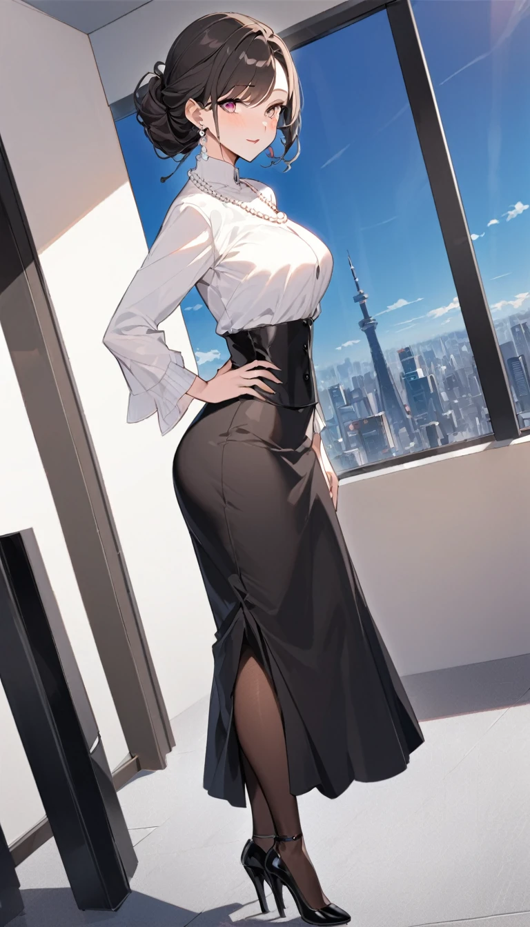 "office lady standing with full authority and unmatched beauty to be bent to her will, 3, height 163cm, business chic , victorian blouse, slender 63cm waist, full 93cm hips, shapely legs, clear fair skin (RGB: 255, 233, 209), oval face with soft features, almond-shaped eyes (dark brown, RGB: 54, 38, 22) with double eyelids, straight nose, full lips with natural pink color (RGB: 222, 165, 1) in a professional smile, long black hair styled in an elegant French twist updo, subtle makeup suitable for office with focus on eyes and neutral lip color, wearing a crisp white vivtorian blouse and a victorin waist corset, form-fitting dark gray victorian long lenght maxi skirt accentuating hips, louboutin high heel pumps and black sheer shiny 20 den pantyhose on delicate delicate pearl necklace and earrings, standing confidently in a modern office setting with floor-to-ceiling windows, full body, from side, Tokyo skyline view in background, soft natural lighting mixed with office fluorescents, corporate portrait style with a touch of glamour, shot with Sony A1 mirrorless camera, 85mm f/1.4 GM lens, ISO 200, 1/160 sec, 50MP resolution, focus on professional appearance with subtle emphasis on curves --ar 2:3 --q 2 --s 850 --v 6.0 --style raw"