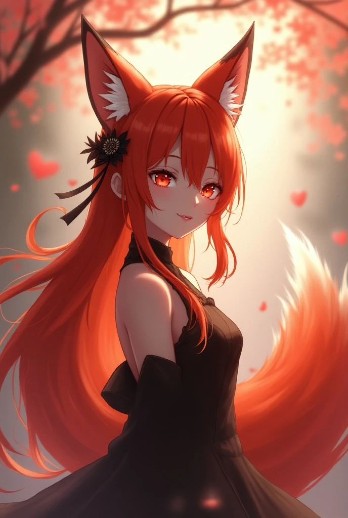 solo woman, kitsune woman (red skin), (blue eyes), fox ears (red ears), long hair, inner hair, (red hair), fox tail, (red tail), shy face, light smile, (purple and black clothes), QIPAO dress whit flounce,