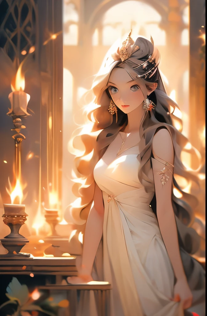 a painting of a woman with a black hair and a white dress, hecate goddess, hecate, goddess of greek mythology, the goddess hestia, gorgeous goddess of leo, persephone as goddess of death, goddess art, appears as the fire goddess, goddess of space and time, old greek goddess, ancient goddess, beautiful goddess, pagan goddess, priestess