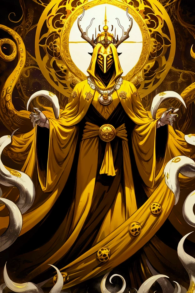 a painting of a man dressed in a yellow robe and a crown, hastur the king in yellow, yellow-robed cultist, king in yellow, a professional digital painting of the king in yellow wearing a tattered yellow cloak standing in a ballroom gripping a medallion in his claws, (white porcelain mask:1.05),painting of the king in yellow wearing a cloak and a mask, antlers, crown, cosmic background, gold and white and black color scheme surrounded by a mass of writhing tentacles, ornate baroque ballroom background, antlers, crown, high quality