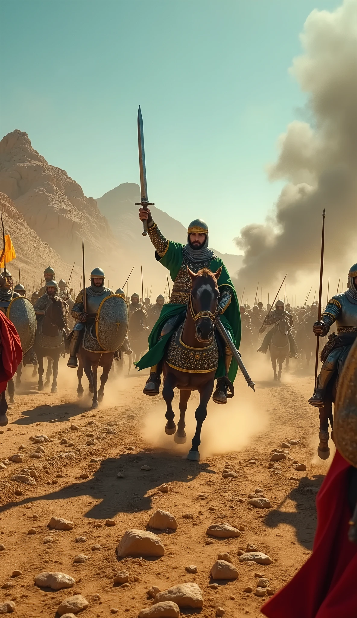 a masterpiece of a muslim big armies marching from morocco, extremely detailed faces, a vibrant cinematic photorealistic, 12k, high definetion , high resolution, ultra high quality, ultra sharp focus, extremely realistic, cinematic shots