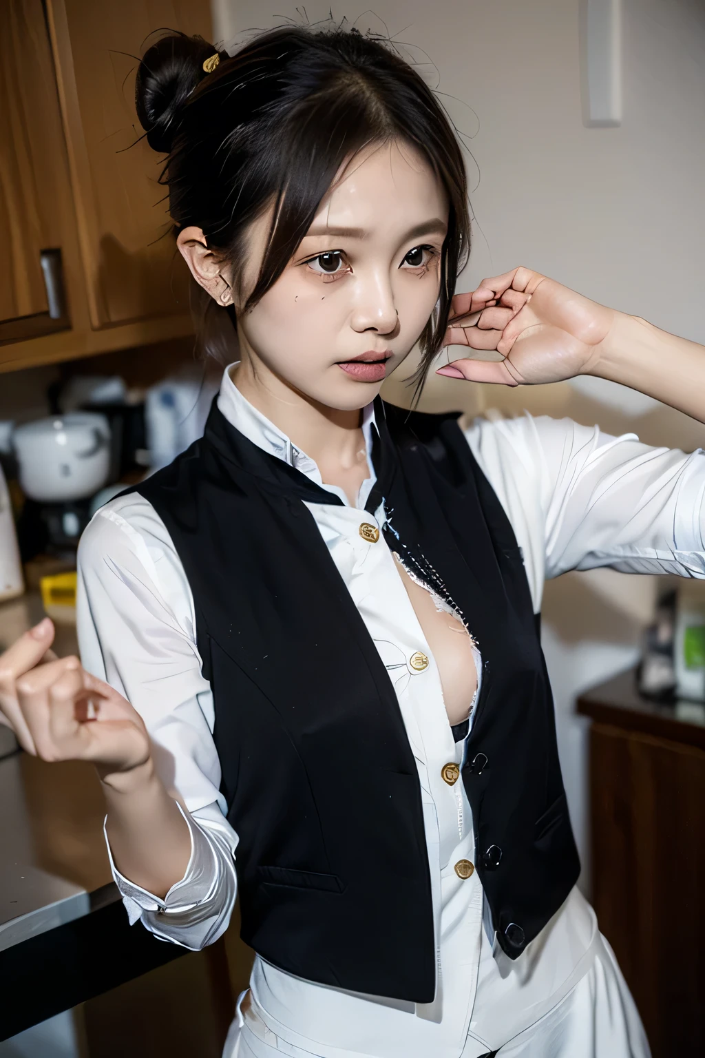 ( best quality, 8k wallpaper, Very realistic pictures,  High Resolution , Detailed face, Detailed skin, masterpiece), Natural Light,  Closeup, (A Japanese waitress with her shirt completely open left and right is enduring pain:1.5), Waitress, Age 30, (Bun Hair:1.3), delicate, Thin face, Brow wrinkles, (small breasts:1.5), (small nipples:1.5), Narrow waist, (Torn clothes:1.5), ( open shirt :1.5), Tear to shreds, (open black waistcoat :1.5),  black pants , (Opened the shirt:1.3), (Severe pain:1.5), (eyes seeing the lens), in a coffee house, Violent atmosphere, (anatomically correct)