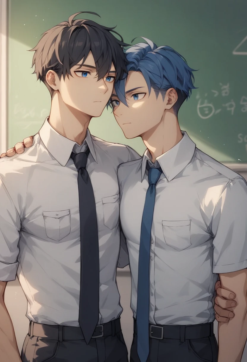 Two men、Schoolboy、Age 15、uniform、 white shirt、 loose necktie、Young face、male teacher、20 years old、 white shirt、Navy Suit、Expressionless、Barely、Summer sunshine、classroom、Unrequited love、Romance between men