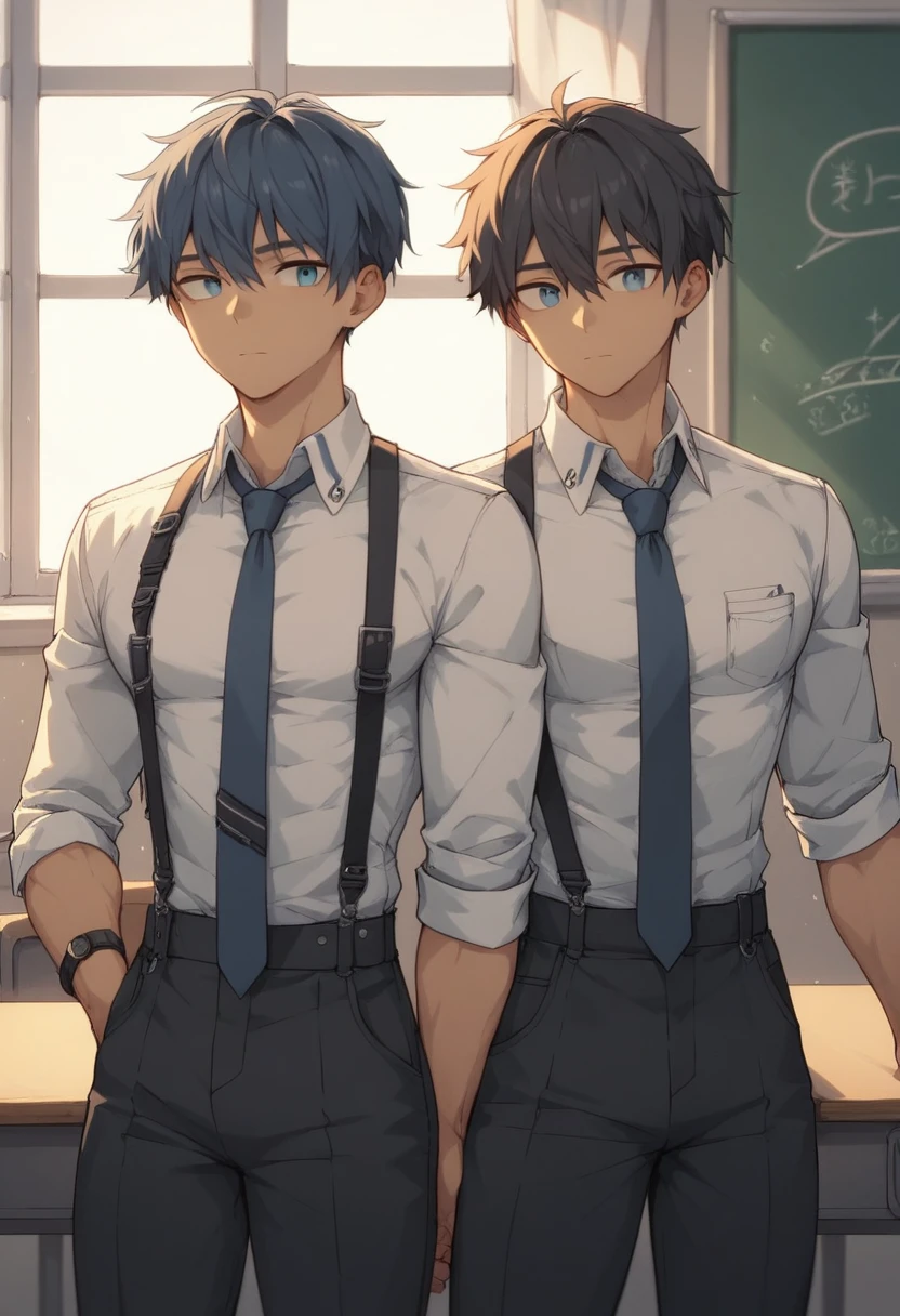 Two men、Schoolboy、Age 15、uniform、 white shirt、 loose necktie、Young face、male teacher、20 years old、 white shirt、Navy Suit、Expressionless、Barely、Summer sunshine、classroom、Unrequited love、Romance between men