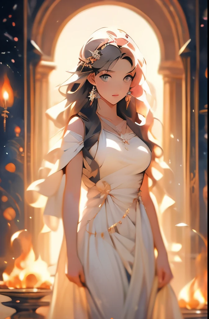 a painting of a woman with a black hair and a white dress, hecate goddess, hecate, goddess of greek mythology, the goddess hestia, gorgeous goddess of leo, persephone as goddess of death, goddess art, appears as the fire goddess, goddess of space and time, old greek goddess, ancient goddess, beautiful goddess, pagan goddess, priestess