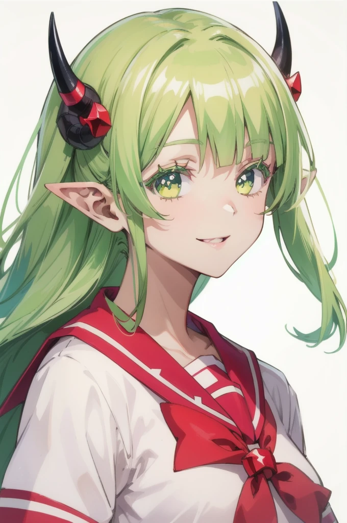 Portrait,  solo focus, Alone, close, ( White background , Plain background,  simple background:1.3), (Open lips:1.2)
 devil_green,  1 girl, horn, smile, green eyes, green hair, Alone,   School Uniforms , Long Hair, devil girl,  viewers, red Sailor collar,  pointed ears, Sailor collar, Anime Coloring Book, devil horn,  upper body, curled horn, 