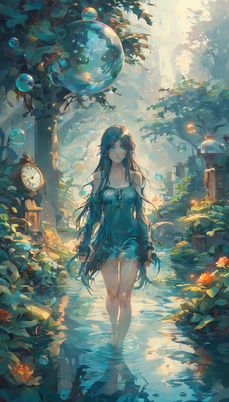  score_9,  score_8_up, ( score_7_up:1.1),  score_6_up,  score_5_up,  score_4_up, 
evaluation_keep,  Fog God's Light , scar,  very long hair,  1 girl, blue eyes, Small breasts, garden, clock, 
water,  Reflections, teal and orange, Full Body, Blue Creature , Bubble, (Looking down:1.1), (surprise:0.8), (Side view:0.8), 
