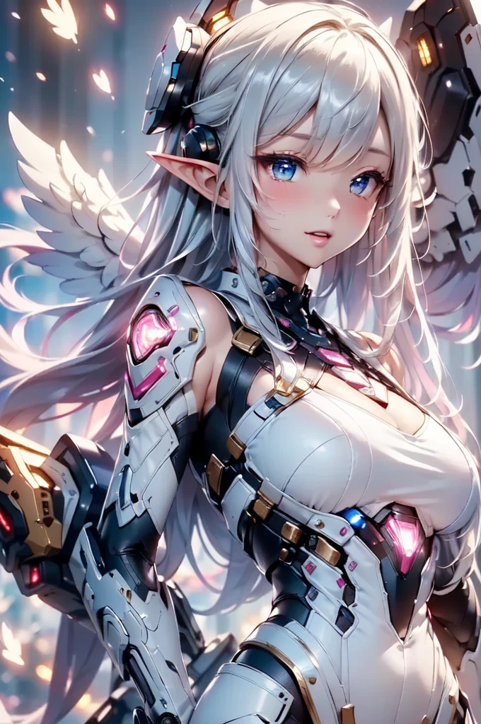 (Masterpiece, Best Quality, great, Highly detailed ajectar Unity、8k wallpaper, Depth-of-field, super fine-illustration:1.5)、3D, Extremely detailed, (s whole body、a mech elf girl:1.3), sci-fi battlefield, hawken, Smile, Open mouth, short ponytail hair, (white blonde hair, Deep Blue Eyes:1.2), Sparkling eyes, Cute face, kawaii, Large breasts, delicate hair, disheveled hair, (((Flying high in the sky))、Blue sky, white clouds), Shiny hair, shiny skin, (Symmetrical mechanical wing、Metallic colored mechanical wings that are widely expanded to the left and right so that they protrude greatly from the screen, headgear, white hair ornament), (Particles of light, Cinematic lighting: 1.3), (Thin pink lips: 0.8), by Yusuke Murata.
