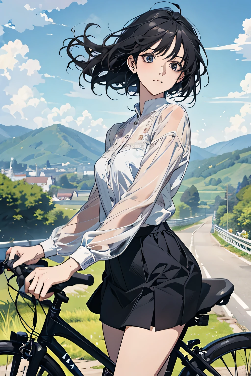 anime、 High Resolution 、 woman riding bicycle 、 black cock、 see-through white blouse 、 bicycle is going down a slope、 dark blue miniskirt 、 has her legs open、Pretty impatient expression 、rural road 、Peaceful rural scenery、Summer evening、 The wind is blowing、