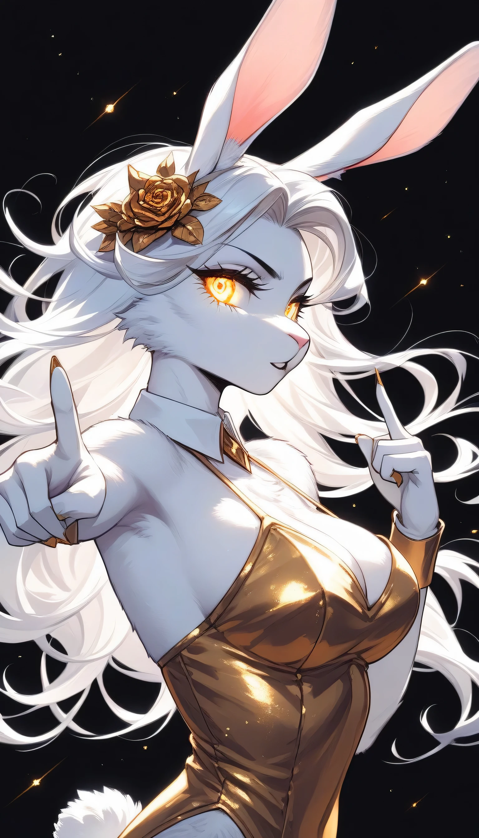score_9,score_8_up,score_7_up, source_furry, ( bunny, Anthro furry bunny girl, adult female, ) solo,a beautiful anthropomorphic bunny woman, white fur, white, skin, with long white curly hair with blazing glowing gold highlights, she has bright golden sparkling eyes, and she has a fierce determined expression, she has a short golden dress, She is pointing an accusing finger to the side. side profile, the view is from her side, heavy contrasting shadows, black and white image the only color is gold. black background. cartoon. dramtic pose