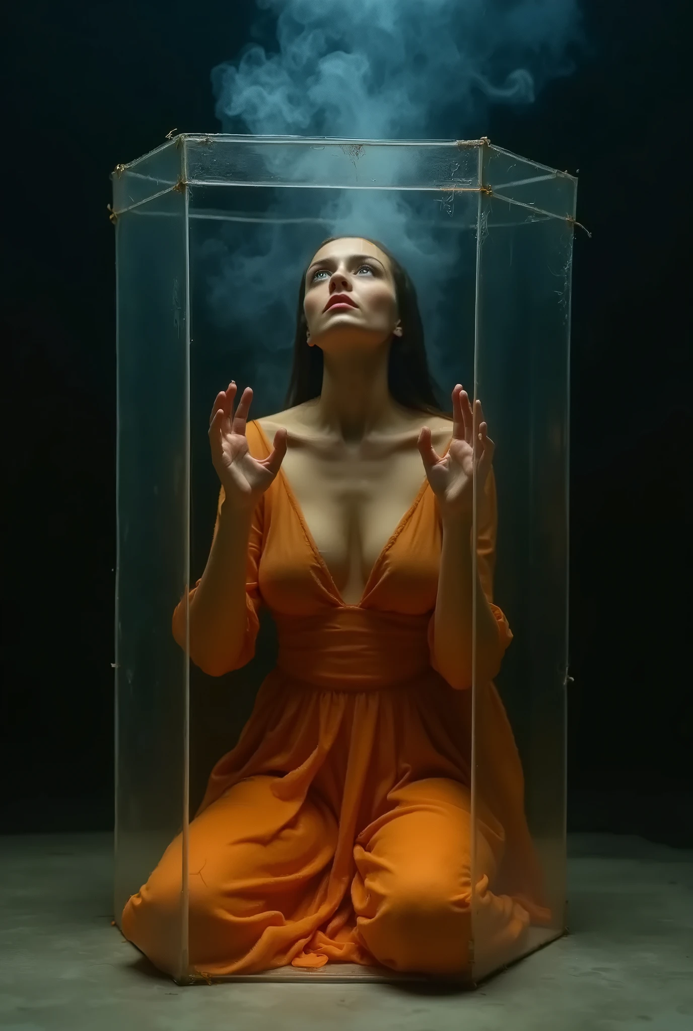 A fascinating and modern interpretation of the Mona Lisa, with the iconic subject sitting on a therapist's couch, sipping mate (a container of Argentine fe mate). His face, illuminated by a magical glow, is a striking combination of original painting and a contemporary touch. His bioluminescent latex clothing adds an otherworldly effect, while the surreal background features two flying saucers, heightening the mystique. The ethereal light of her outfit draws the viewer in, creating a captivating, graceful and charming scene that fuses photography, illustration and 3D rendering into an unforgettable masterpiece., illustration, portrait photographyLess