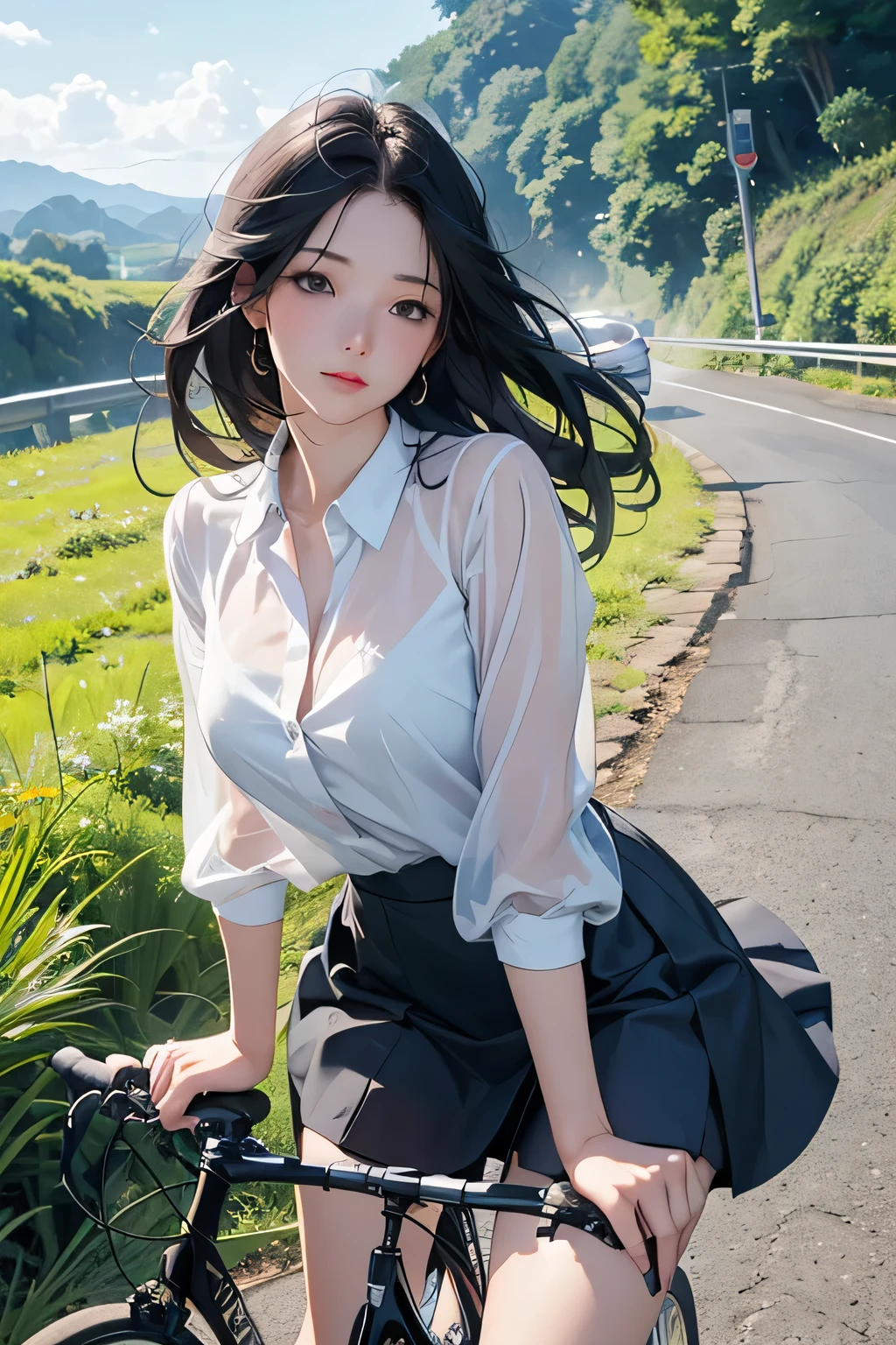 anime、 High Resolution 、 woman riding bicycle 、 black cock、 see-through white blouse 、 bicycle is going down a slope、 dark blue miniskirt 、 has her legs open、Pretty impatient expression 、rural road 、Peaceful rural scenery、Summer evening、 The wind is blowing、