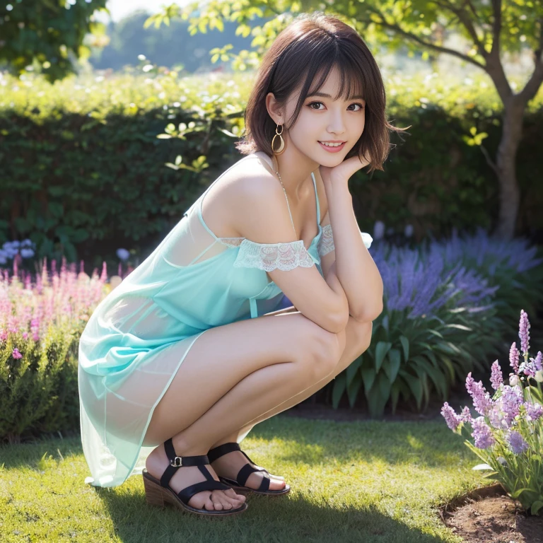 (dynamicposes:1.4), (dynamic ungle:1.4), Romper (细致背景:1.4)、hyper detailed background、(Floating light blue clouds:1.4)、(Floating blue flowers:1.4)、 Romper (perfect anatomia、perfect hand:1.4)、(Perfect five fingers:1.4)、(Perfect 4 long fingers and perfect short thumb:1.4)、(Thumb shorter than the other 4 fingers:1.4)、(Perfect two arms:1.4)、(Perfect two legs:1.4)、((top-quality、8K、masterpiece:1.3))、1girl in、A smile、full body Esbian、Slim Faces、Pretty women、(dark brown hair)、hyperdetailed face、A detailed eye、二重まぶた、blured background、Slim Faces、Cute、extremely delicate and beautiful girl、Happy smiling face、Overall、ultra-detailliert、4K、masutepiece、small mouth、Colossal tits、bura、Underpants、a short skirt,high waist skirt,high-necked,Sleeveless,bob cuts,long boots,ultra-detailliert, 4K, masutepiece,Smile,small mouth,white shirt、Skirts that show the body line、low angles