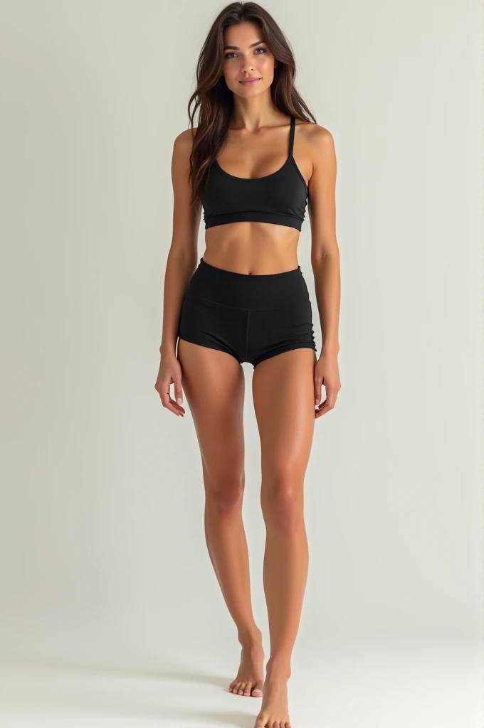 16-year-old black girl, with Maria João haircut, green eyes, large breasts, large butt, toned legs, perfect body, long t-shirt and tight shorts, pose with black background