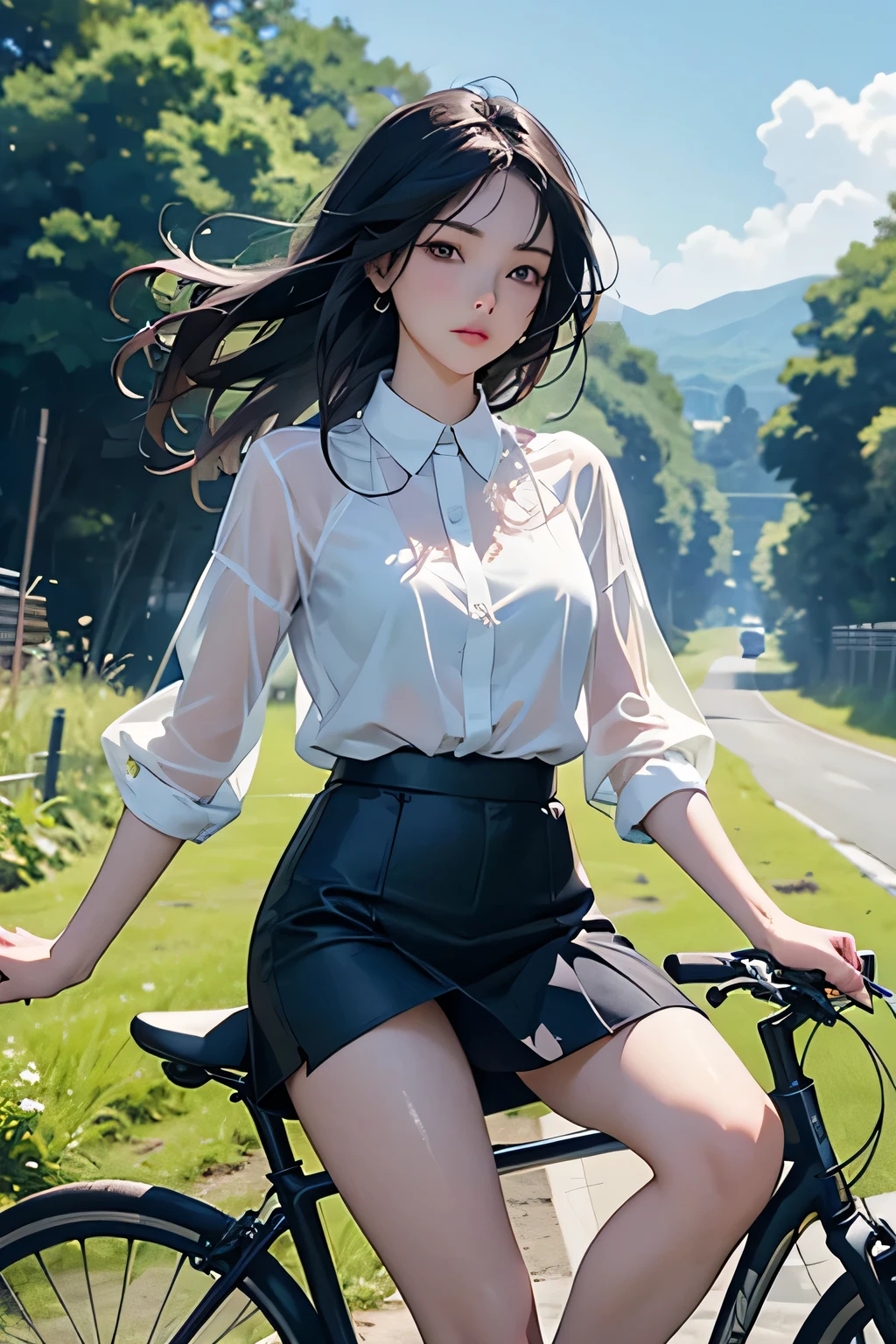 anime、 High Resolution 、 woman riding bicycle 、 black cock、 see-through white blouse 、 bicycle is going down a slope、 dark blue miniskirt 、 has her legs open、Pretty impatient expression 、rural road 、Peaceful rural scenery、Summer evening、 The wind is blowing、