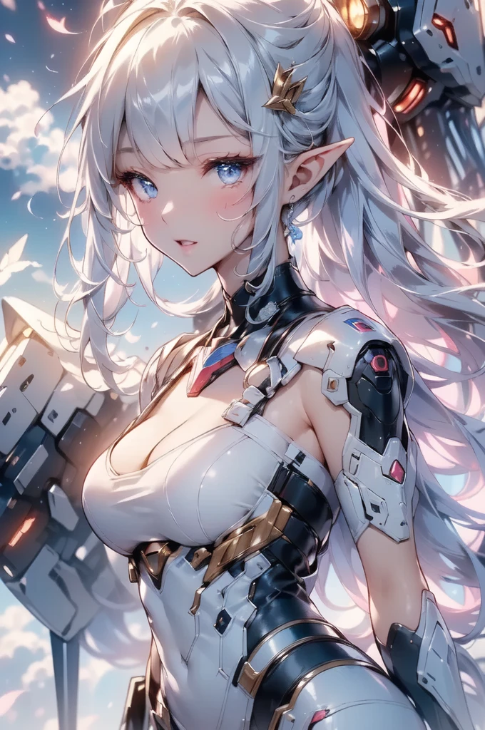 (Masterpiece, Best Quality, great, Highly detailed ajectar Unity、8k wallpaper, Depth-of-field, super fine-illustration:1.5)、3D, Extremely detailed, (s whole body、a mech elf girl:1.3), sci-fi battlefield, hawken, Smile, Open mouth, short ponytail hair, (white blonde hair, Deep Blue Eyes:1.2), Sparkling eyes, Cute face, kawaii, Large breasts, delicate hair, disheveled hair, (((Flying high in the sky))、Blue sky, white clouds), Shiny hair, shiny skin, (Symmetrical mechanical wing、Metallic colored mechanical wings that are widely expanded to the left and right so that they protrude greatly from the screen, headgear, white hair ornament), (Particles of light, Cinematic lighting: 1.3), (Thin pink lips: 0.8), by Yusuke Murata.
