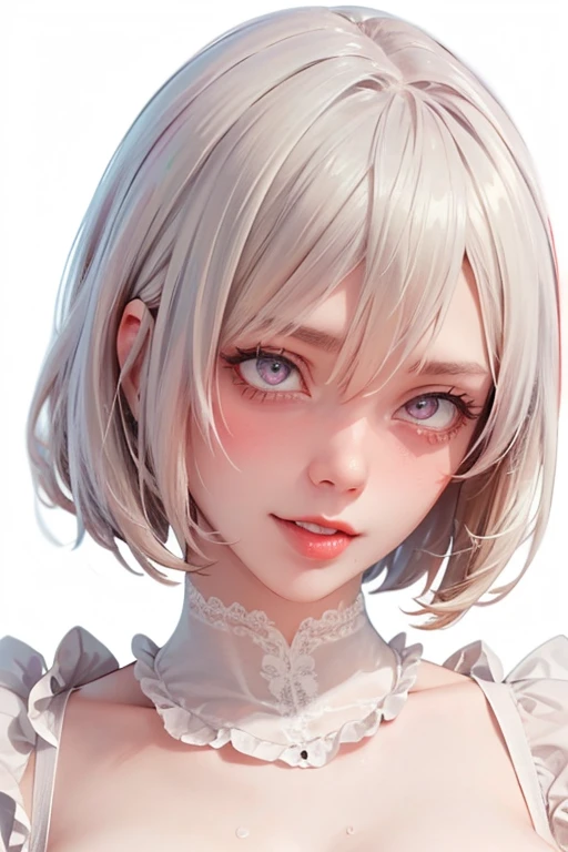 (((masterpiece))), (((best quality))), ((ultra-detailed)), (highly detailed CG illustration), 2B, (nsfw:1.3), (masterpiece:1.5), Detailed Photo, Smiling, Sexy, (Best Quality: 1.4), (1girl), Beautiful Face, (white Hair, short Hair: 1.3), Beautiful Hairstyle, beautiful detail eyes, (realistic skin), beautiful skin, absurd, attractive, ultra high resolution, high definition, (sexually aroused:1.5), Pinkish white skin, cool white light, sexy pose, Beautiful , white background, pink soft white light, wearing only a sexy white wet see through apron, full body