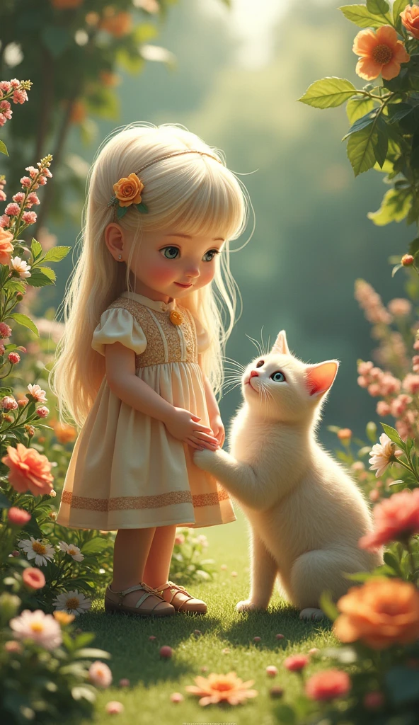 Setting: A bright, warm garden, filled with blooming flowers.
Visual: "A cute tiny white cat playing with a cute AI little girl"
Mood: Bittersweet, with a sense of eternal peace and reunion.
Each scene captures a pivotal moment in the story, conveying the deep emotional journey