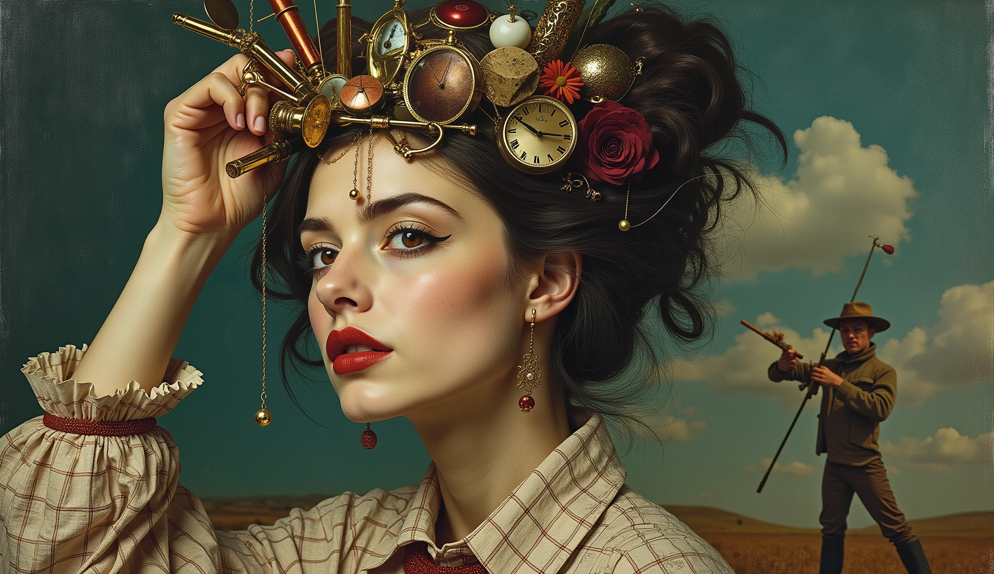 full body,a sculpture of a woman surrounded by assorted objects, inspired by Salvador Dali, the album is called Tripmachine, music, memory trapped in Eternal Time, Annie Liebowitz, face of mad Pulcinella, [[fantasy]], Sandra Chevrier and John Hoyland, album, father time, ( ( ( surrealism ) ) ), profile pic, instrument. epic realism, atmospheric impressionism, film dramatic realism, pre-raphaelite realism, low tone photography, hard focus realism 