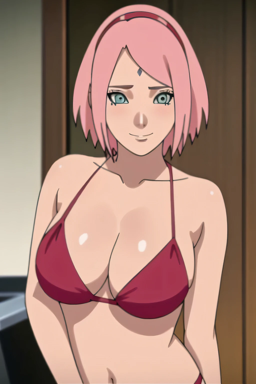 Sakura, pink hair, short hair, 1girl, in A smile Cooking in your room, , (Big breast),(((wearing a red  bikini)showing a lot of cleavage )Large breasts, detailed eyes , Detailed face , (((detailed eyes))) , 4k , high quality, detailed eyes , sexy eyes ,  blushing little   